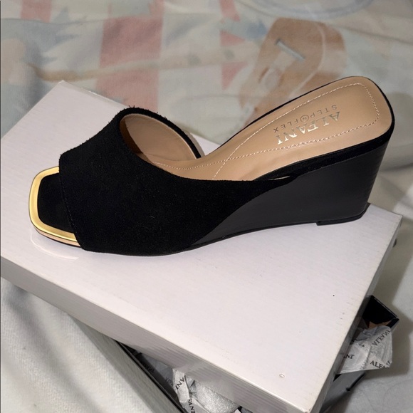 Alfani Shoes - Alfani Black Suede Open-Toe Wedge Mule with Gold Accent